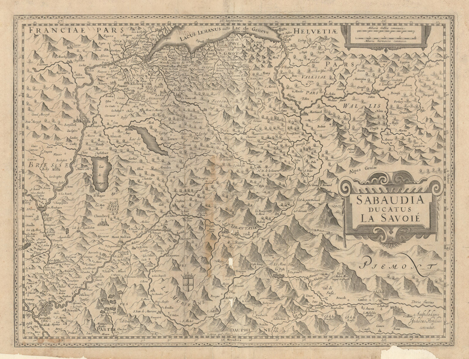 Sabaudia Ducatus La Savoié. Haute-Savoie Isère Valais Susa. Hondius c1631 map